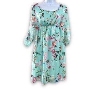Teal And Multicolored Floral 3/4 Sleeve Sheer Arms Dress Size Medium